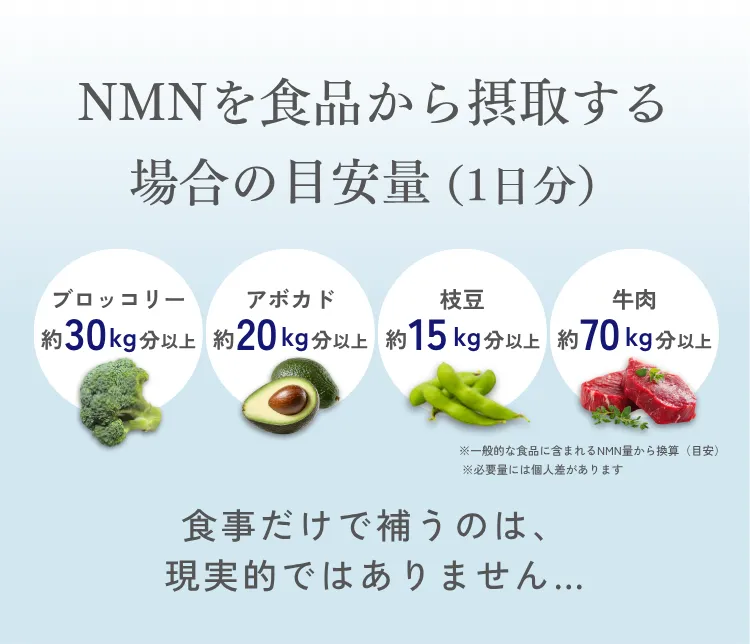 NMNを食品から摂取する場合の目安量（1日分）